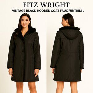 Fitz Wright Vintage Black Hooded Coat Faux Fur Trim L